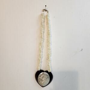 Vintage Shell Bead Necklace with Large Heart Pendant Mother of Pearl